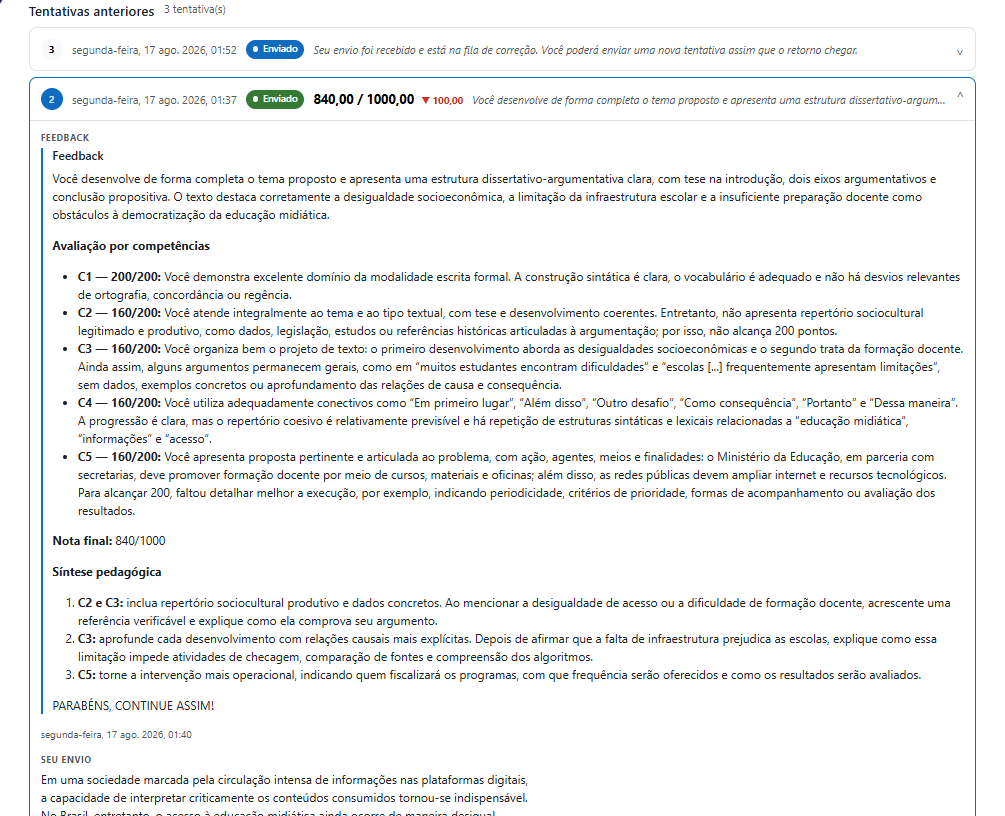 Feedback da IA para uma redação nota 840: comentário de cada competência de C1 a C5, com explicação do que faltou, e uma síntese pedagógica com três ações prioritárias.