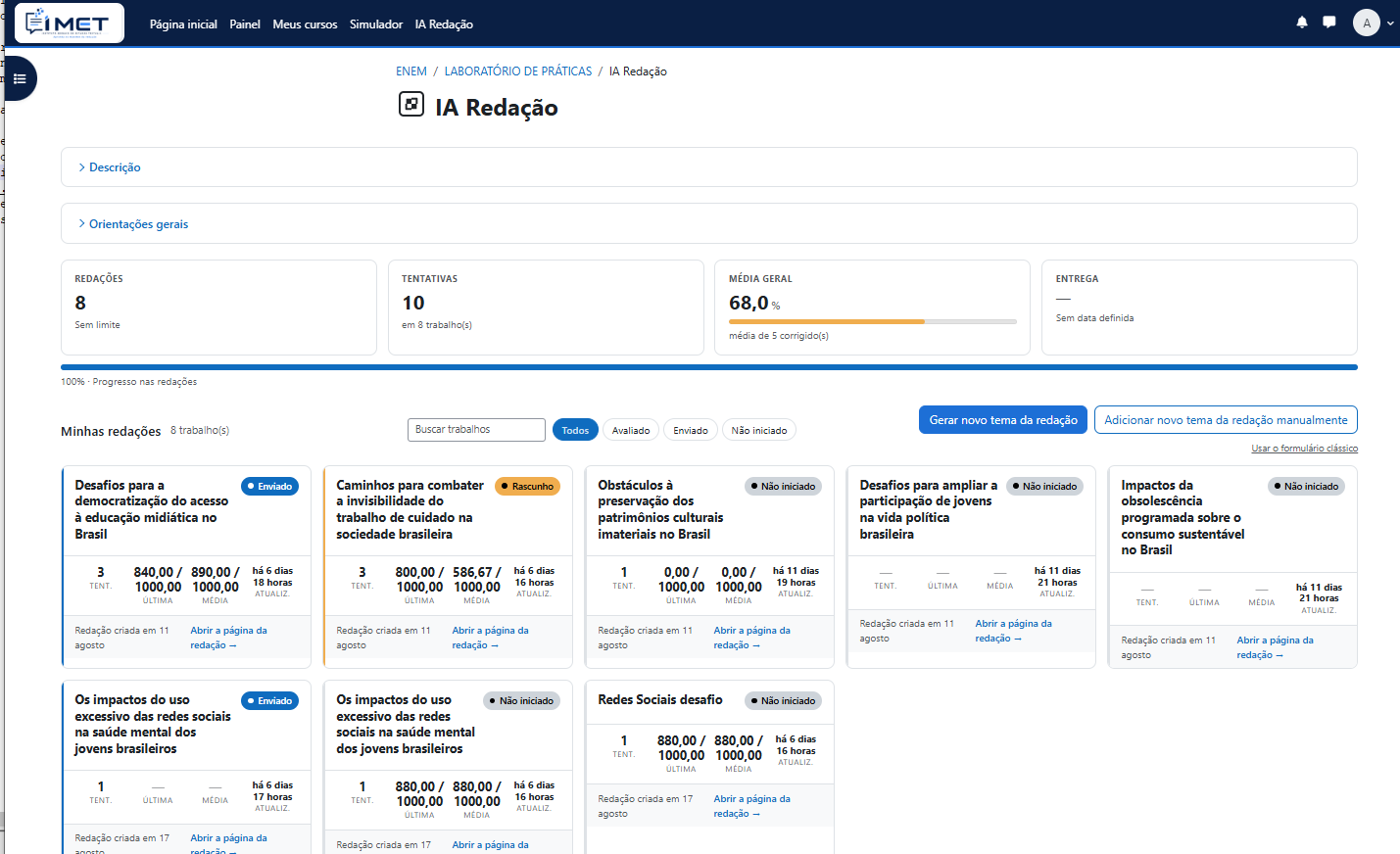 Painel com oito temas de redação gerados, cada um em um cartão com número de tentativas, última nota e média, e o botão para gerar um novo tema.