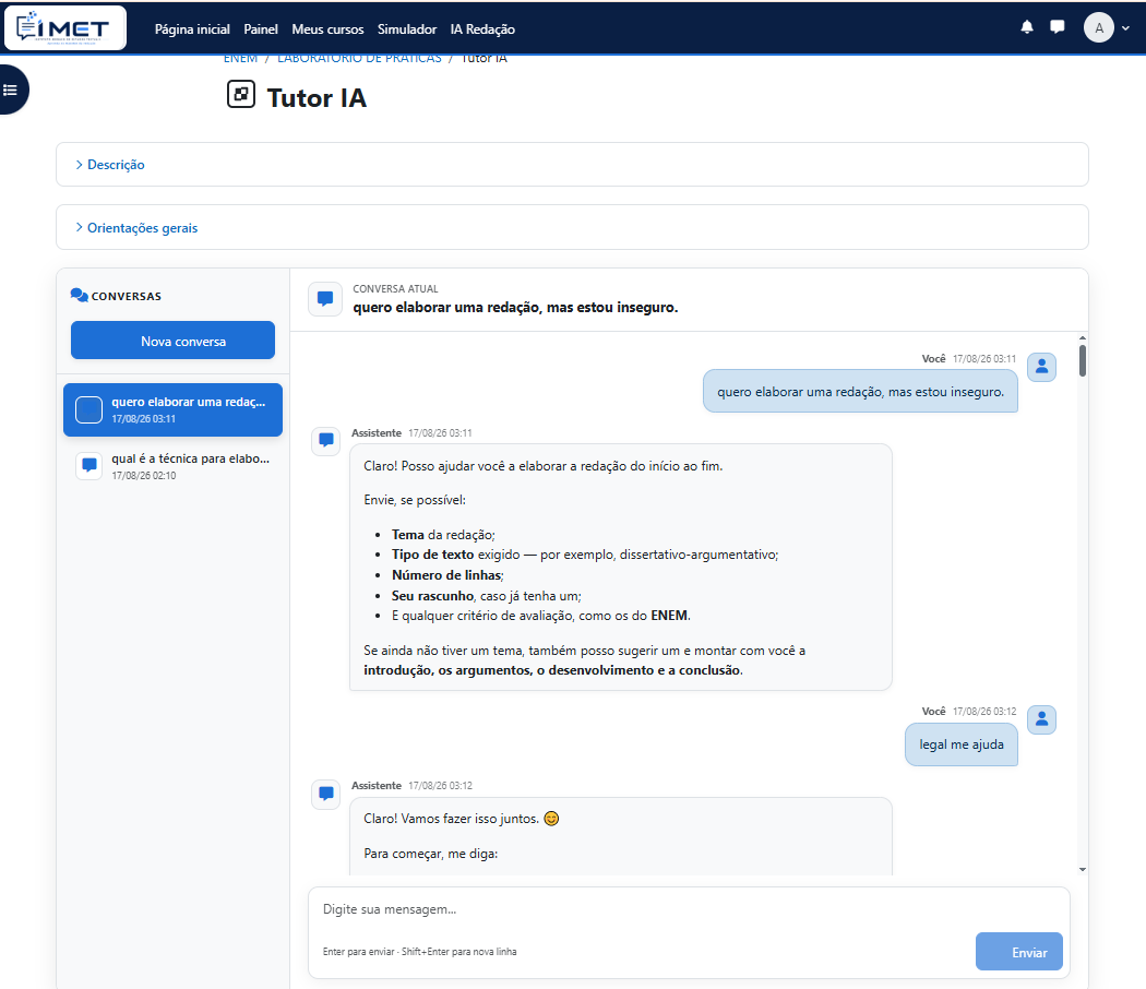 Conversa com o Tutor IA: o aluno diz que quer elaborar uma redação mas está inseguro, e o assistente se oferece para montar o texto do início ao fim, pedindo tema, tipo de texto e número de linhas.
